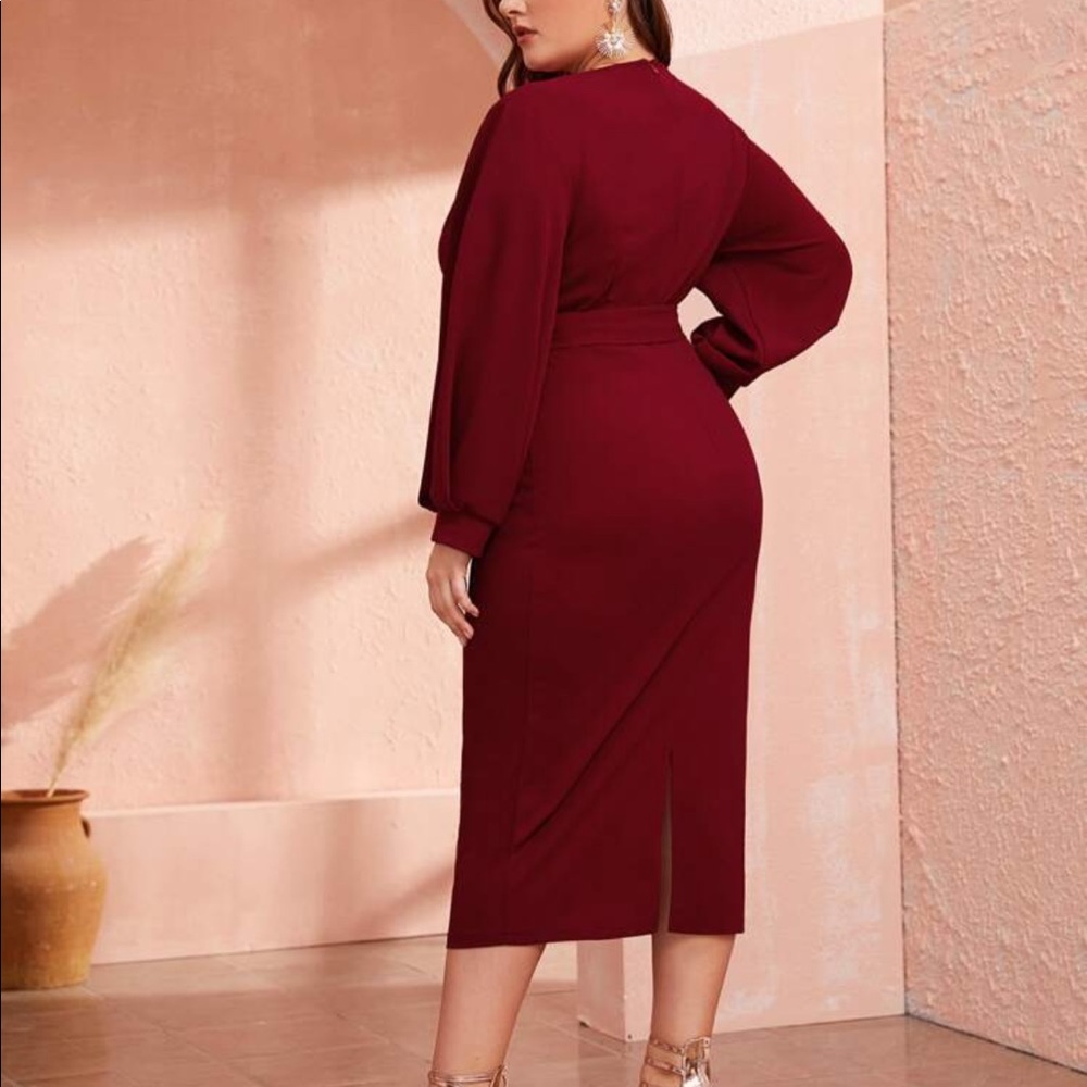 SHEIN Plus Plunging Neck Wrap Belted Pencil Dress - Picture 3 of 11